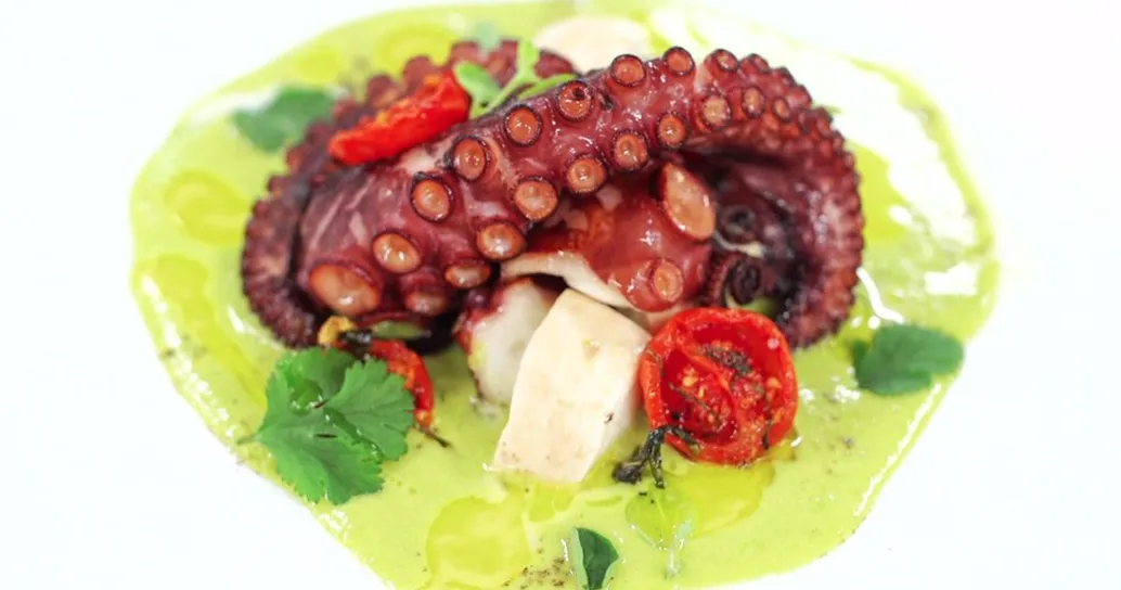 Polpo arrostito su crema di piselli – Alessandro Borghese Kitchen Sound Choice