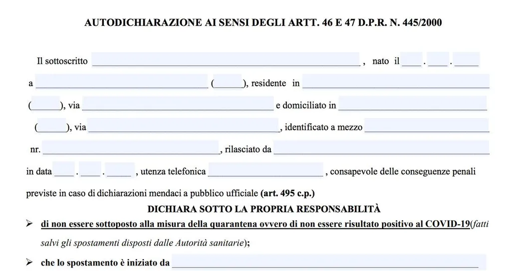 Il nuovo modello per l’autocertificazione per gli spostamenti tra le regioni