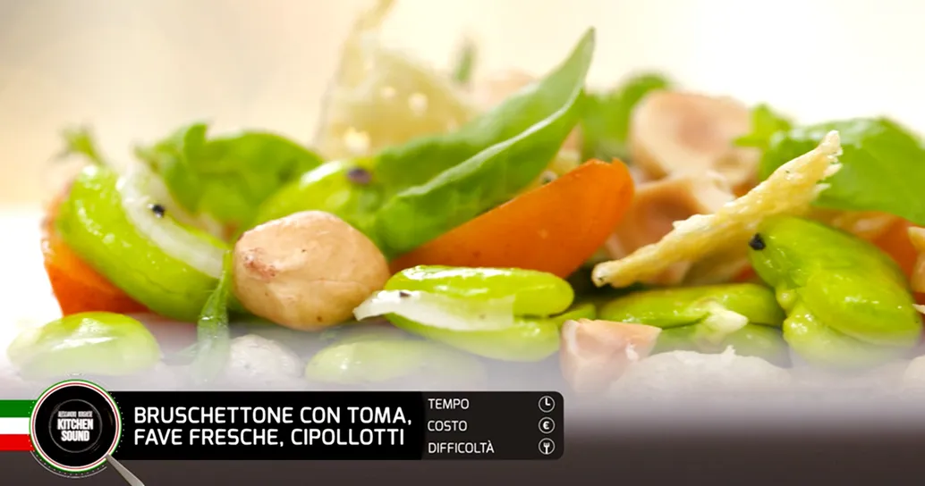 Bruschettone con toma, fave fresche, cipollotti – Alessandro Borghese Kitchen Sound – Rural Glam