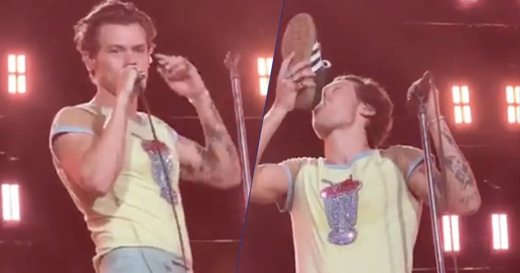 Harry Styles beve dalla sua scarpa durante il concerto: “Mi vergogno di me stesso”