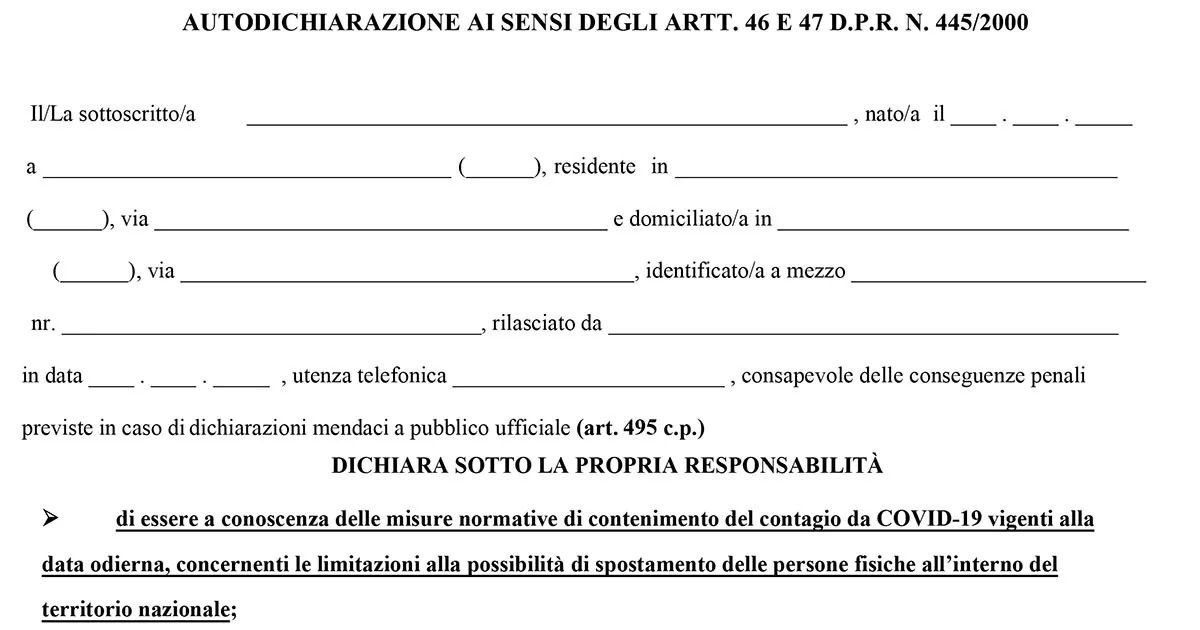 Autocertificazione il modulo da scaricare per la zona rossa