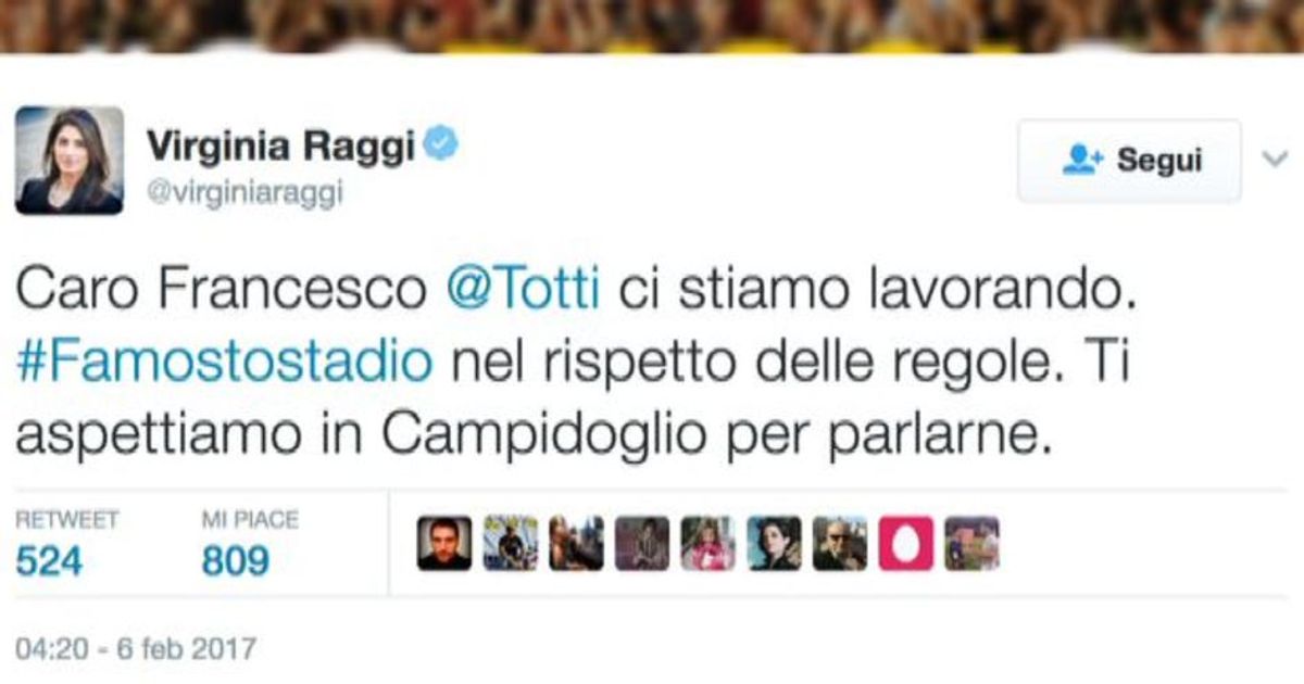Raggi risponde a Totti: #Famostostadio. Continua la telenevola