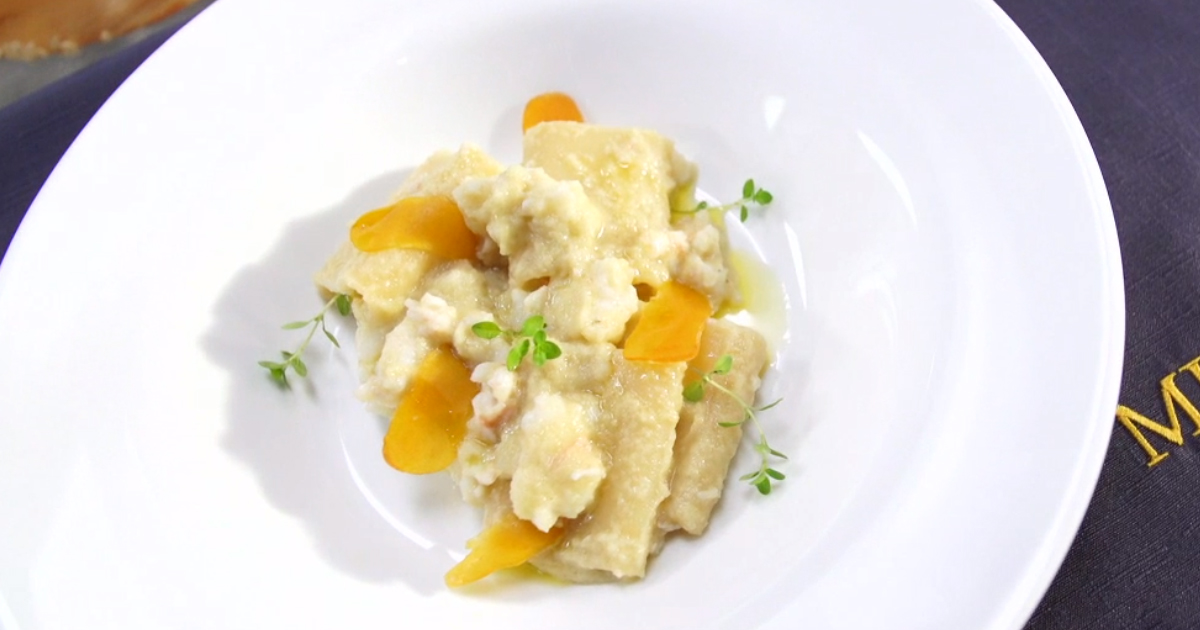 Paccheri con topinambur, scampi e bottarga Alessandro