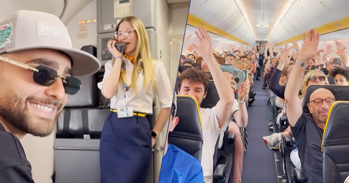 Rocco Hunt si improvvisa assistente di volo e canta “Musica Italiana” per i passeggeri in aereo: il video