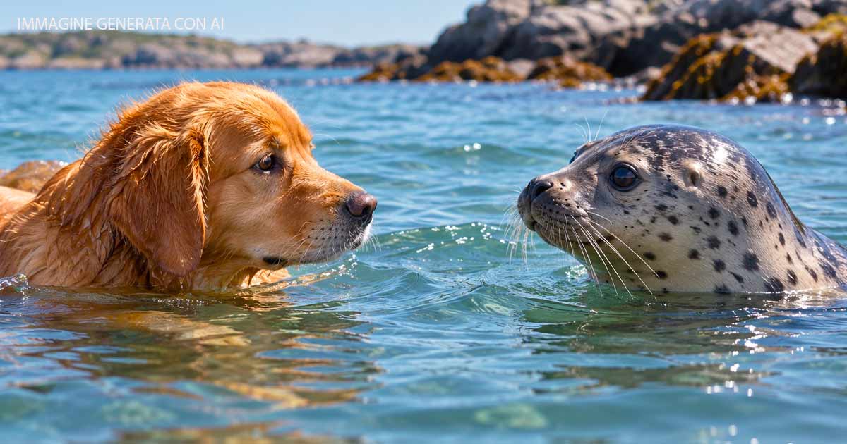 Il Golden Retriever si ritrova faccia a faccia con una foca la scena sembra uscita dai Pokmon