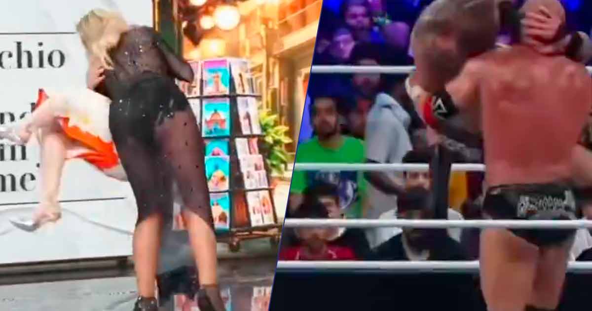 GF Vip, Valeria Marini e Carmen Di Pietro cadono come due wrestler: Ilary Blasi ride in studio