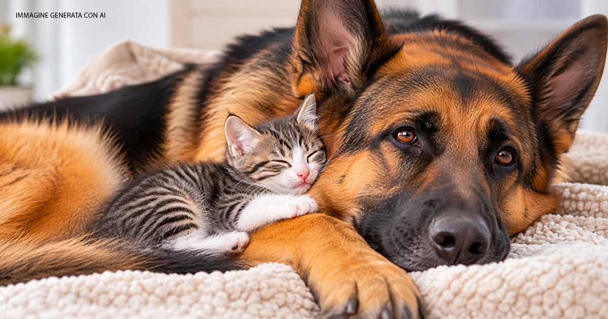 Il Pastore Tedesco scelto come mamma da un gattino guarda cosa fa quando gli si accuccia accanto
